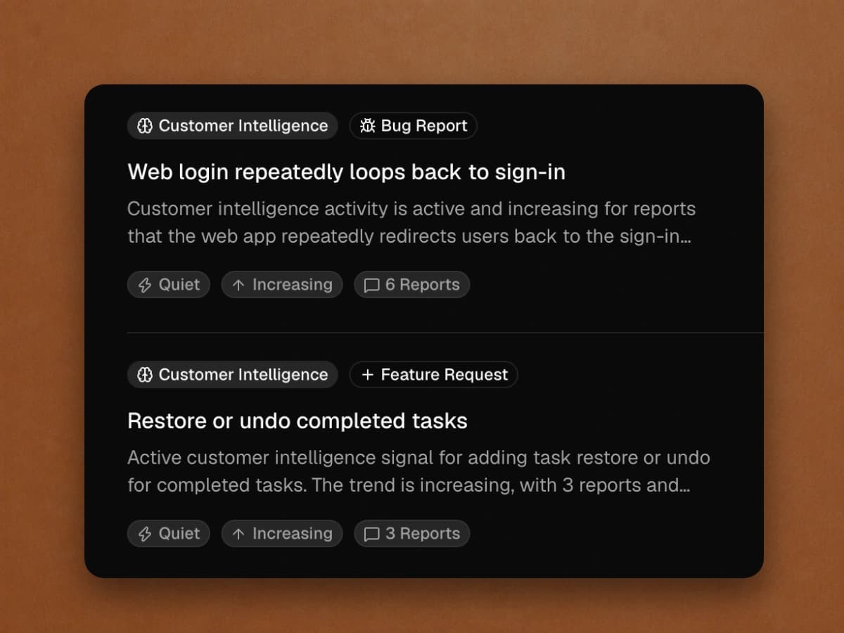 CraftCX Customer Intelligence showing active bug reports and feature requests