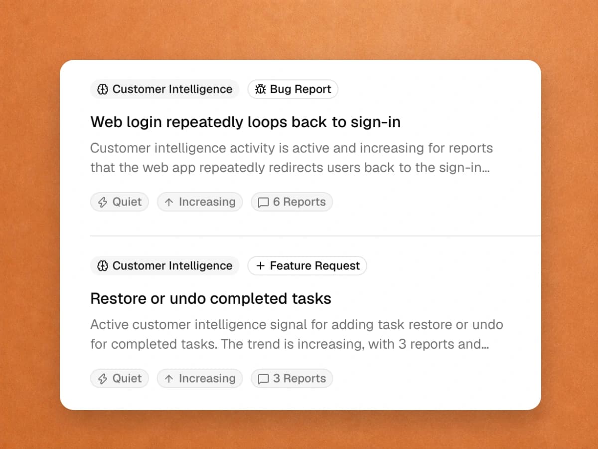 CraftCX Customer Intelligence showing active bug reports and feature requests